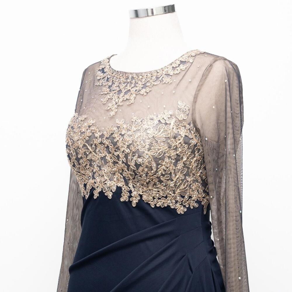 XSCAPE  Embellished Illusion-Bodice Ruched Gown Long Sleeve Modest sz 10P NWT - Picture 10 of 12